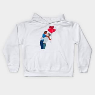 Male Couple Hugging While Holding Heart Shaped Balloons Kids Hoodie